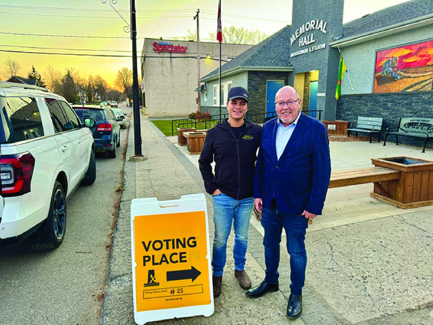 New Moosomin-Montmartre MLA with first-time voter Victor Santos Cardoza on Election Day. Weedmark spent the day visiting with voters across the riding from Indian Head to Rocanville, ending with a watch party in Moosomin.